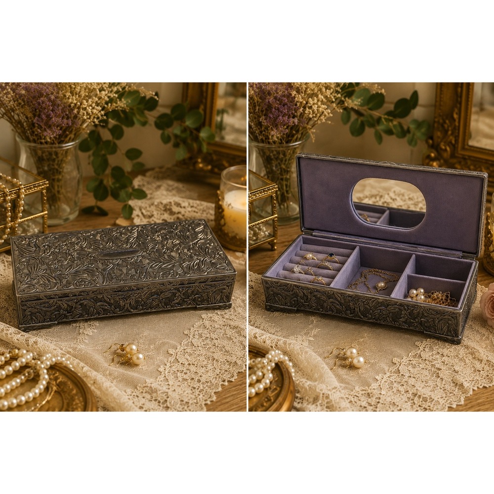 Godinger Silver Plated Jewelry Box Embossed Floral Mirror Velvet Lined Vintage